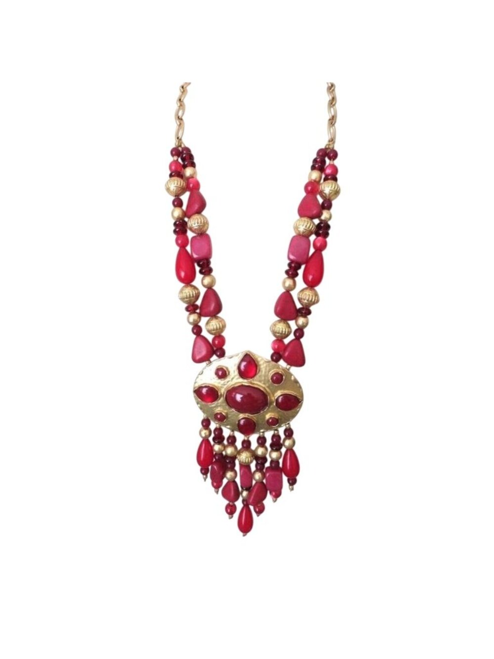 Vintage Chicos Red Statement Necklace Gold Beaded Fringe Bold 35th Anniversary - Picture 7 of 12